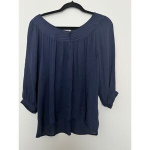 Navy Blue Pleated Long Sleeve‎ Blouse Elegant Office Work Wear Top Size XS